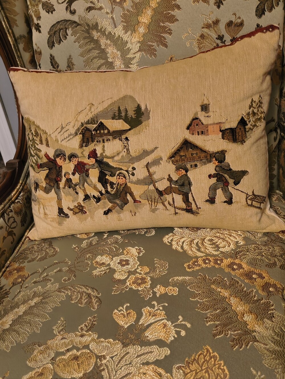 Vintage Ice Skating & Skiing Tapestry Zipper Removable Velvet Back Big Pillow